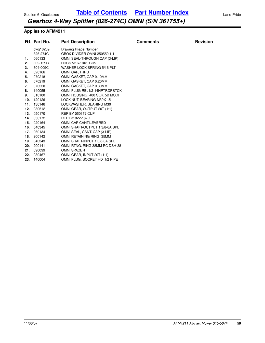 Land Pride 315-507P, AFM4211 Gbox Divider Omni 250559 Omni SEAL-THROUGH CAP 3-LIP, 804-009C Washer Lock Spring 5/16 PLT 