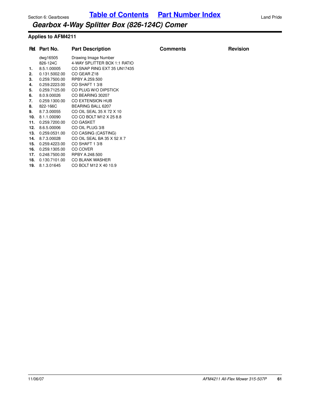 Land Pride AFM4211, All-Flex Mower, 315-507P manual 826-124C 4-WAY Splitter BOX 11 Ratio, CO Gear Z18, CO Cover 