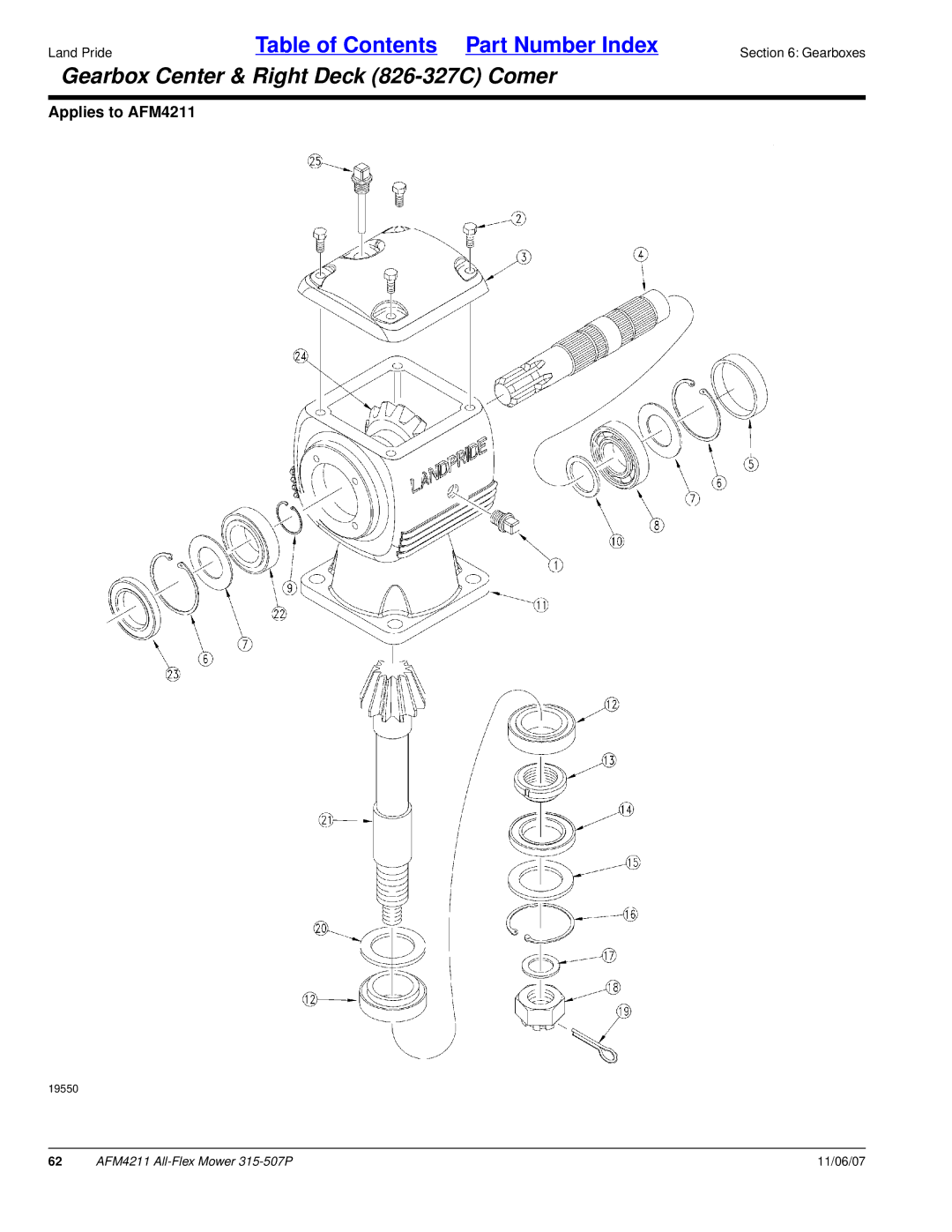 Land Pride 315-507P, All-Flex Mower, AFM4211 manual Gearbox Center & Right Deck 826-327C Comer 