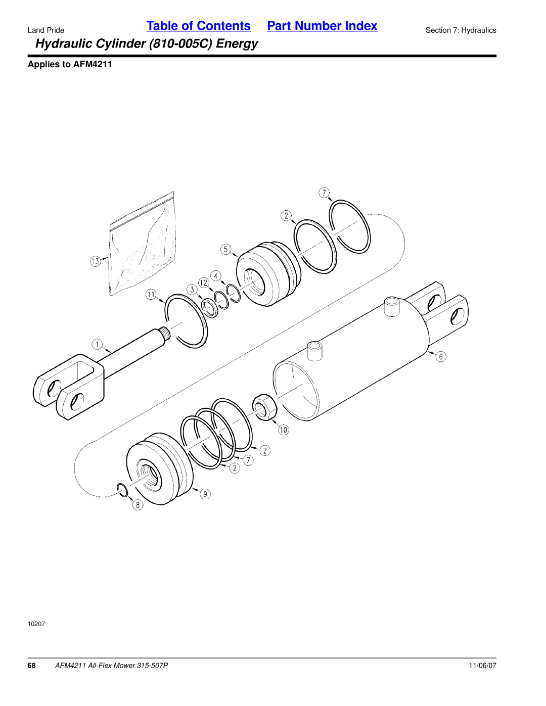 Land Pride 315-507P, All-Flex Mower, AFM4211 manual Hydraulic Cylinder 810-005C Energy 