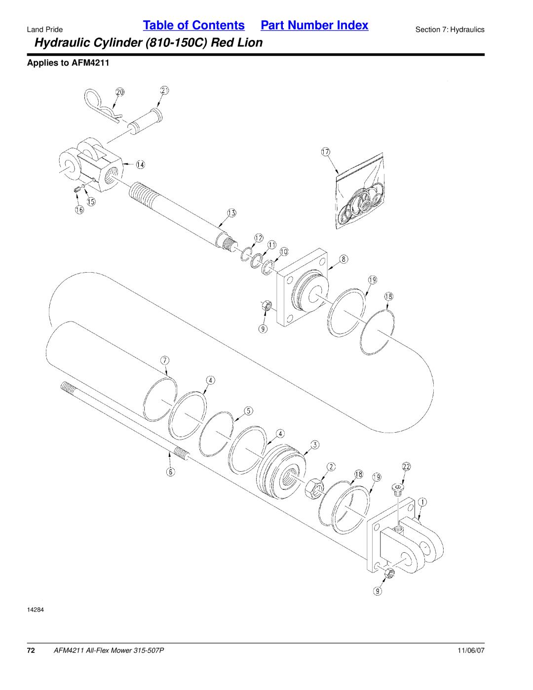 Land Pride All-Flex Mower, AFM4211, 315-507P manual Hydraulic Cylinder 810-150C Red Lion 