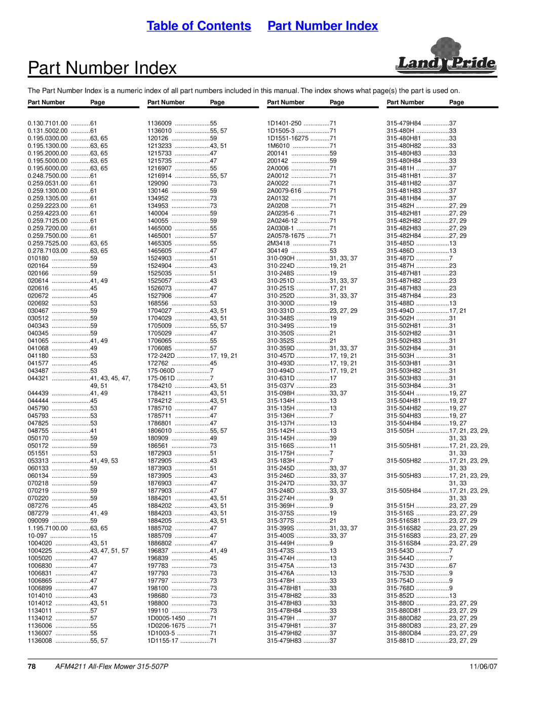 Land Pride All-Flex Mower, AFM4211, 315-507P manual Part Number Index 