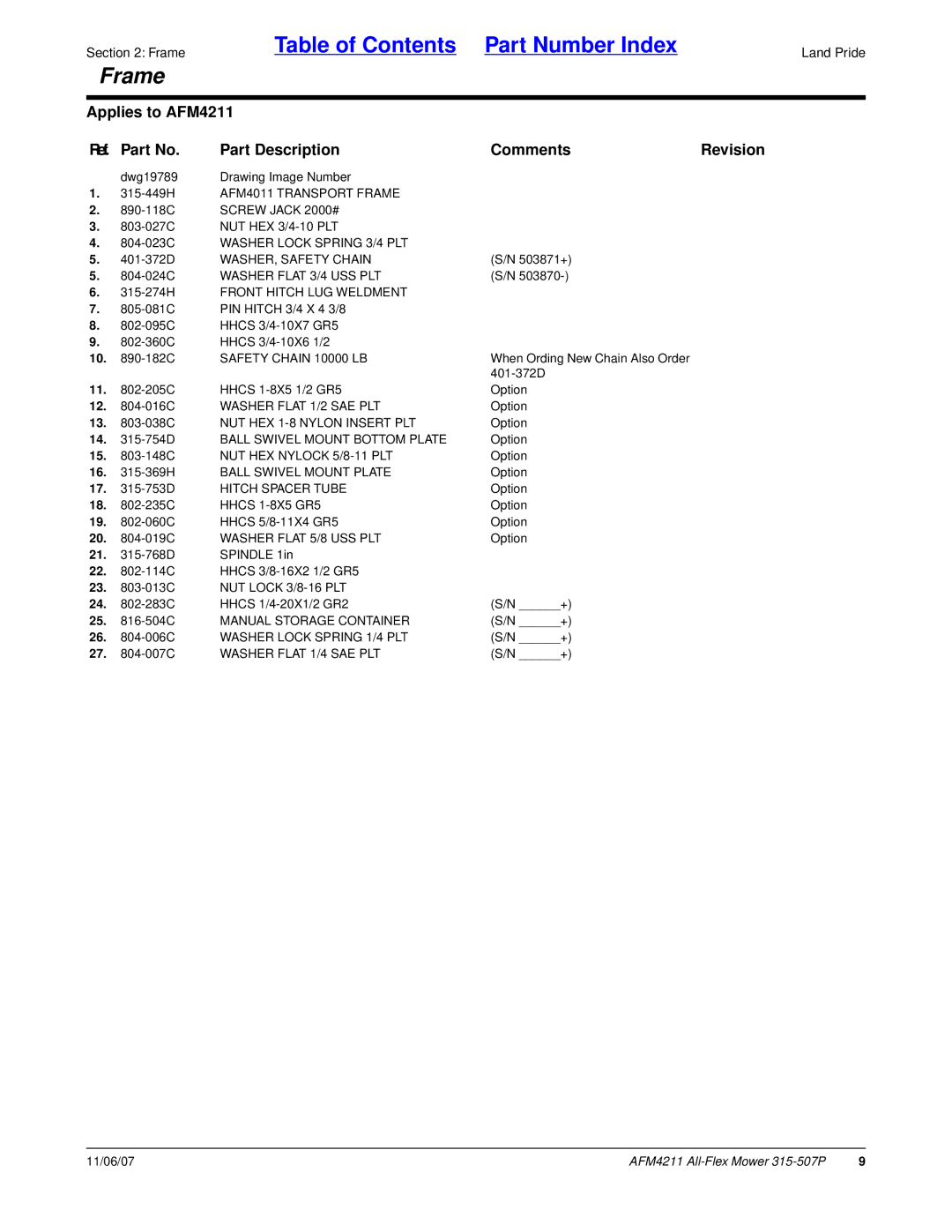 Land Pride All-Flex Mower 315-449H AFM4011 Transport Frame, 804-023C Washer Lock Spring 3/4 PLT, WASHER, Safety Chain 