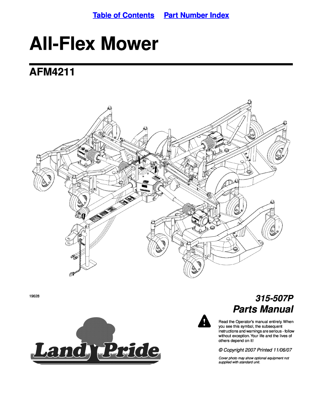 Land Pride AFM4211 manual Table of Contents, All-Flex Mowers, Operator’s Manual, 315-507M, 11/14/08, others depend on it 