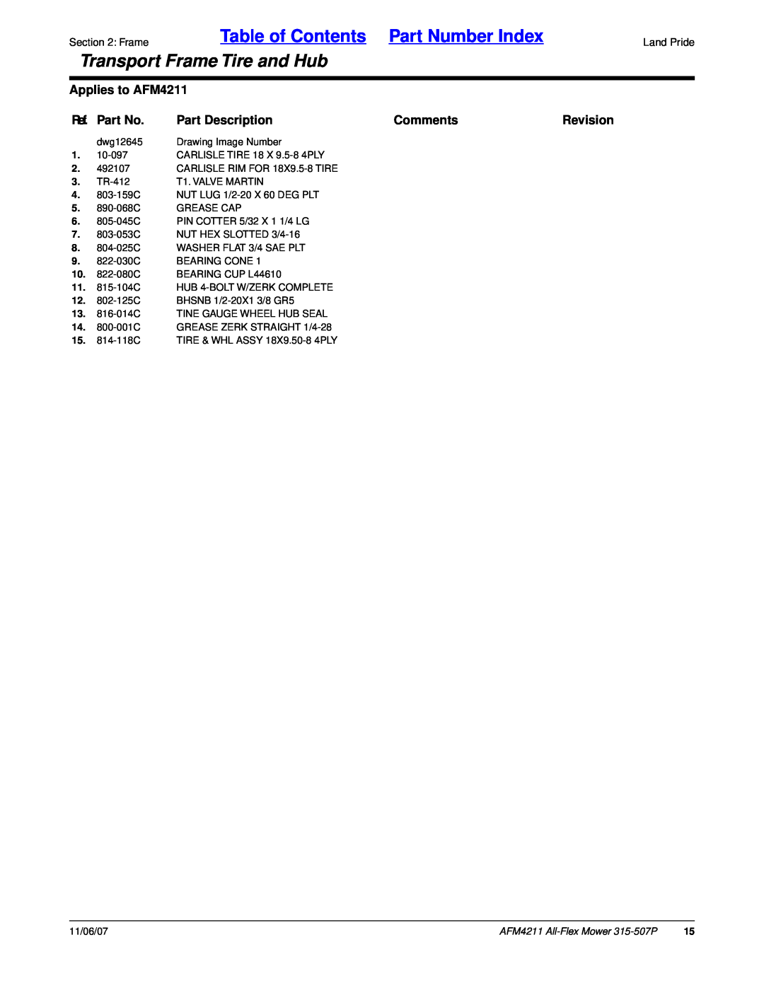 Land Pride All-Flex Mower Table of Contents Part Number Index, Transport Frame Tire and Hub, Applies to AFM4211, Comments 