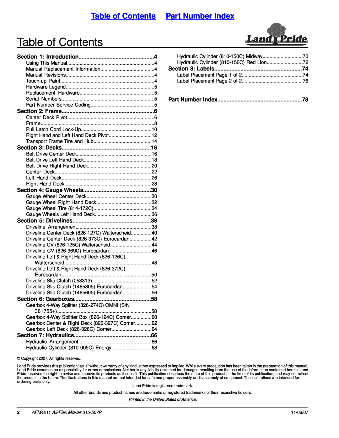 Land Pride 315-507P Table of Contents Part Number Index, Introduction, Frame, Decks, Gauge Wheels, Drivelines, Labels 