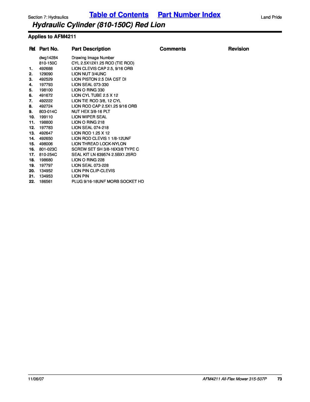 Land Pride Table of Contents Part Number Index, Hydraulic Cylinder 810-150CRed Lion, Applies to AFM4211, Ref. Part No 