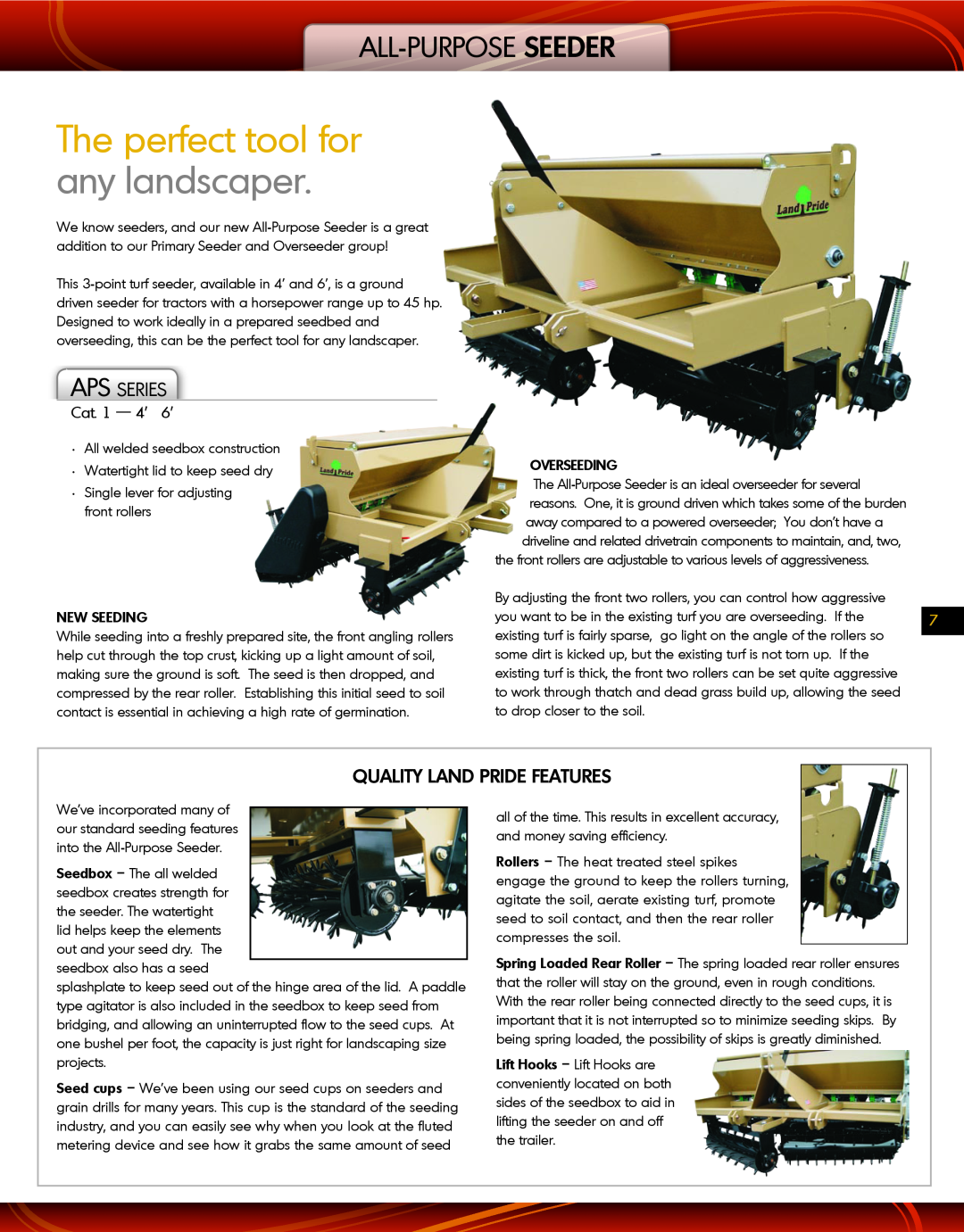 Land Pride APS Series manual The perfect tool for any landscaper, All-Purpose Seeder, Quality Land Pride Features 