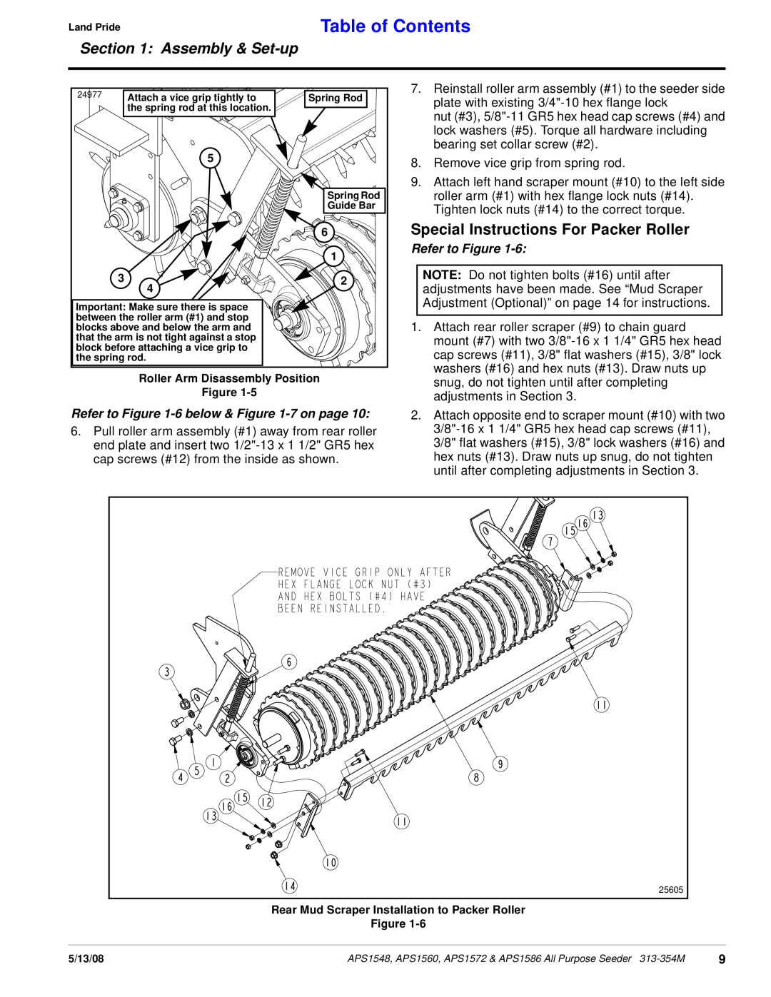 Land Pride APS1548, APS1560 manual Special Instructions For Packer Roller, Refer to -6below & -7on page, Table of Contents 