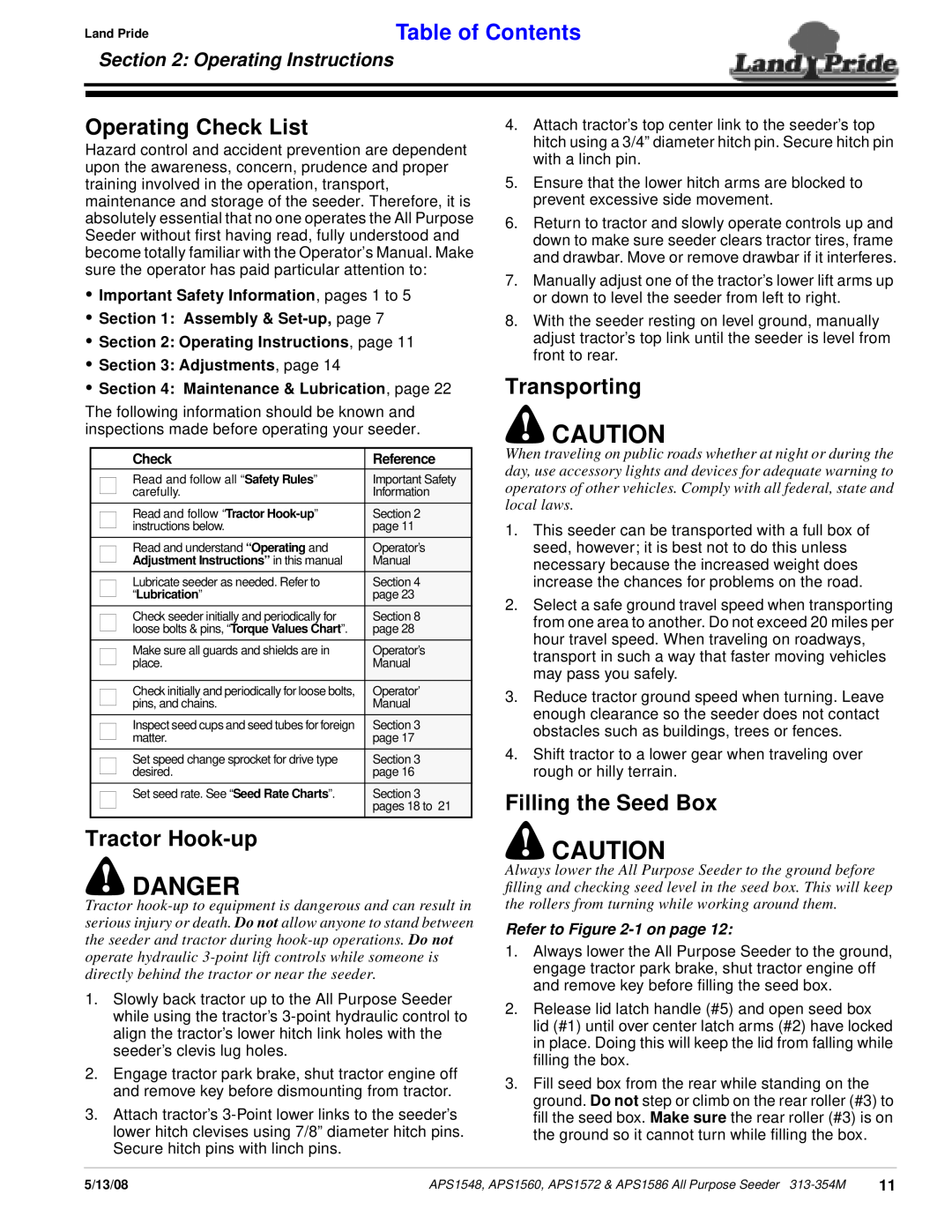 Land Pride APS1572 Danger, Operating Check List, Transporting, Tractor Hook-up, Filling the Seed Box, Adjustments, page 