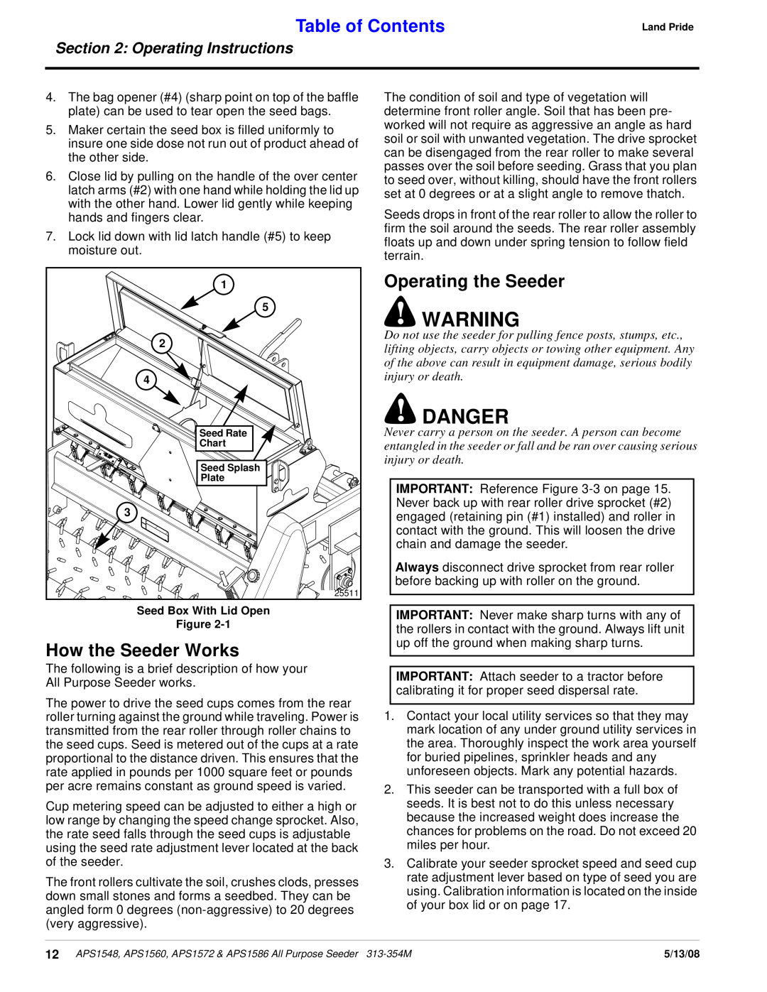 Land Pride APS1586, APS1560 How the Seeder Works, Operating the Seeder, Danger, Table of Contents, Operating Instructions 