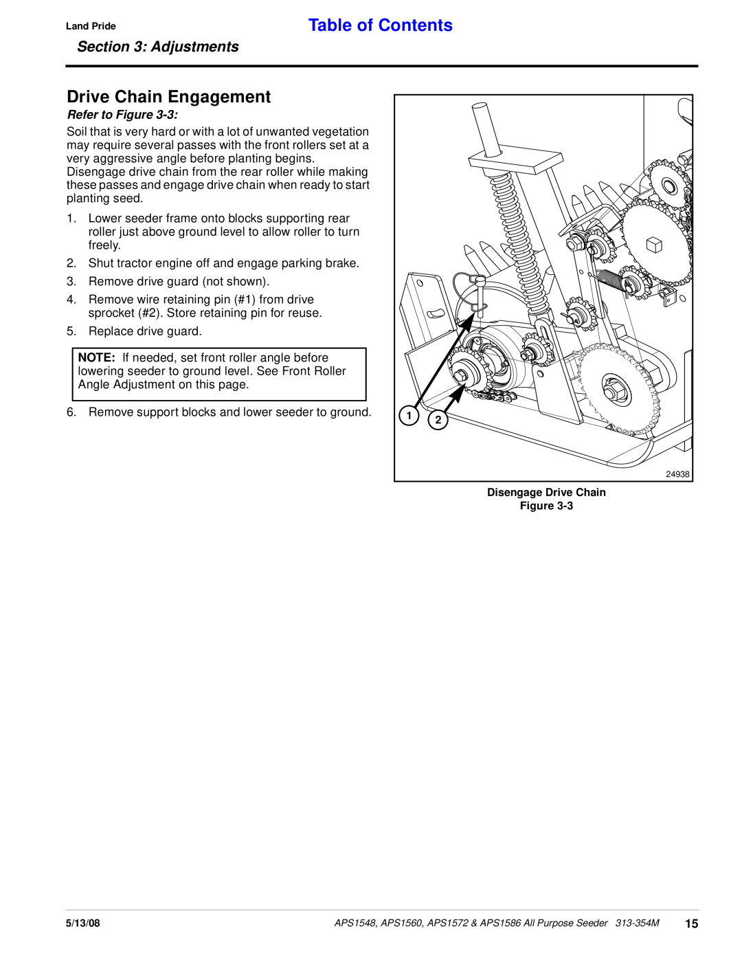 Land Pride APS1572, APS1560, APS1586, APS1548 manual Drive Chain Engagement, Table of Contents, Adjustments, Refer to Figure 