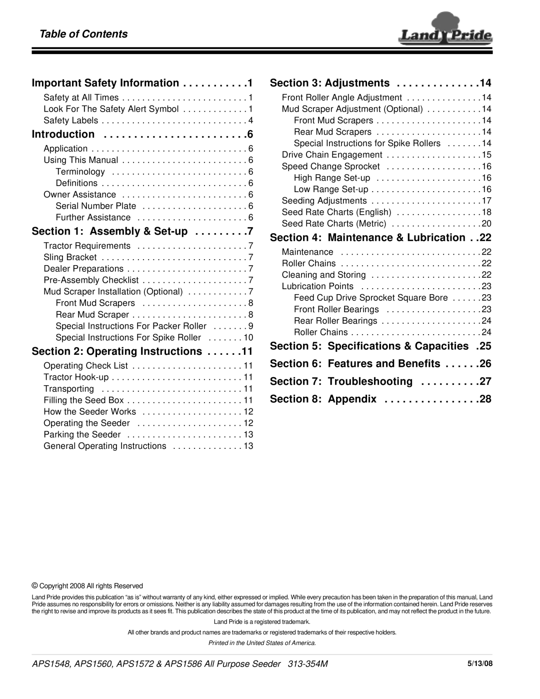 Land Pride APS1586 Table of Contents, Important Safety Information, Assembly & Set-up, Operating Instructions, Adjustments 