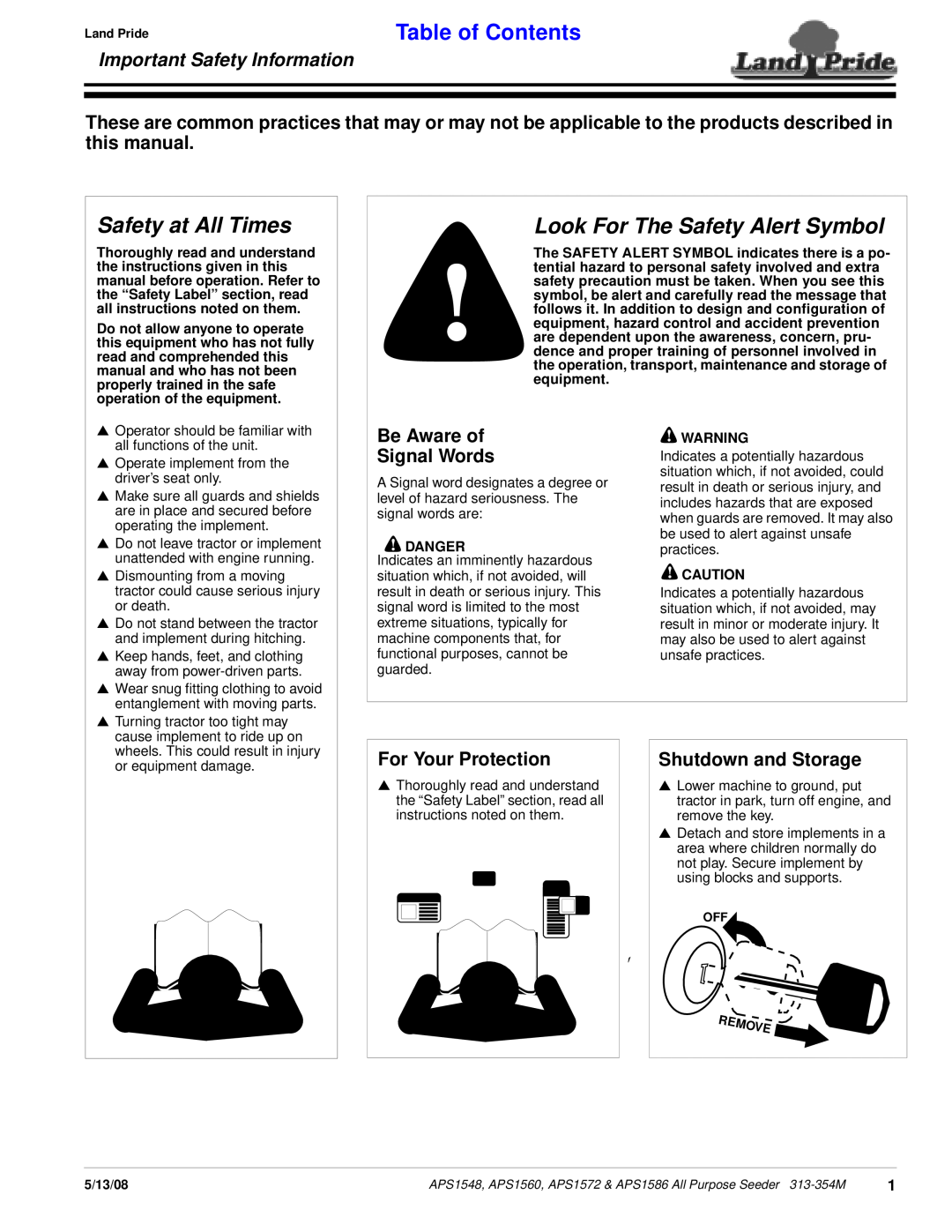 Land Pride APS1548 Safety at All Times, Look For The Safety Alert Symbol, Table of Contents, Important Safety Information 
