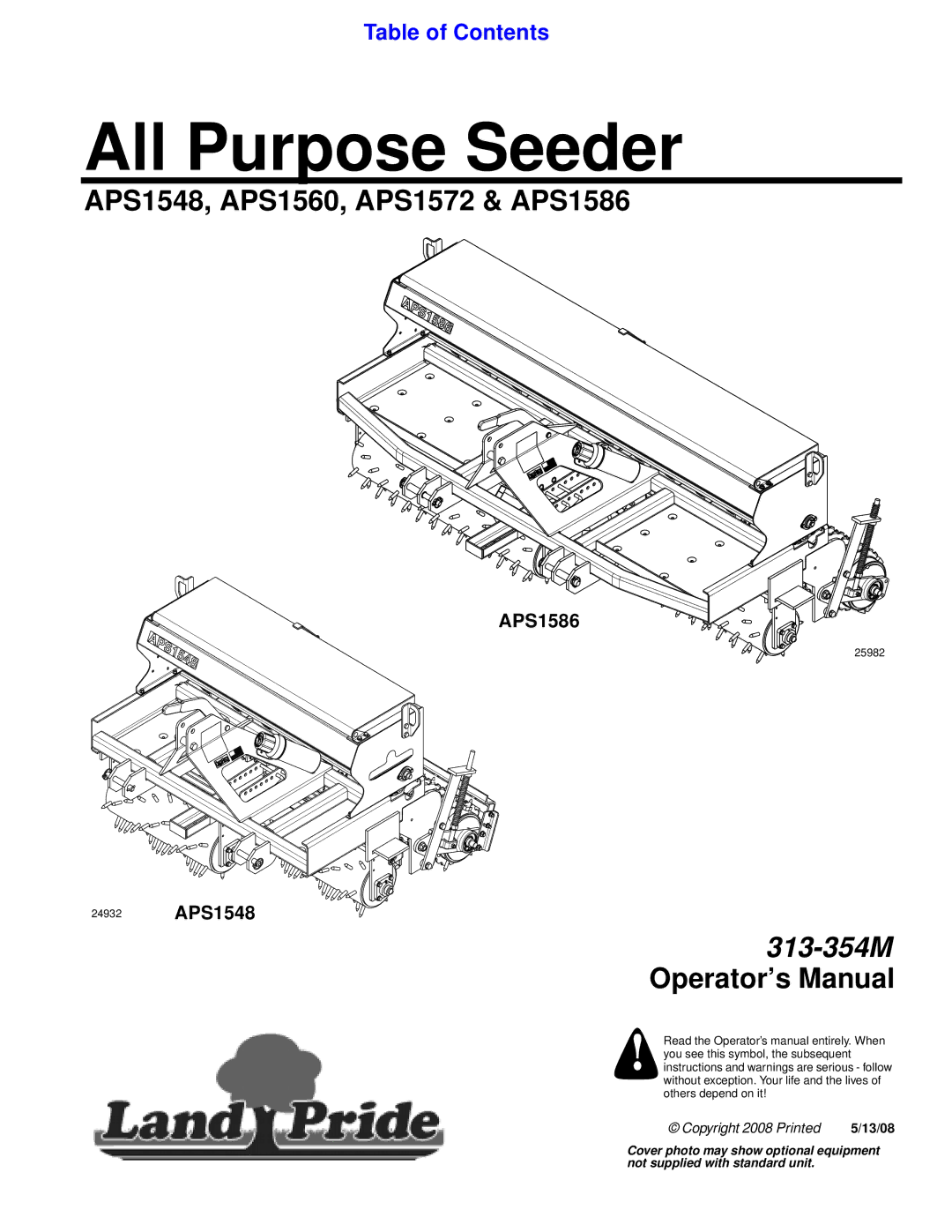 Land Pride APS1572, APS1560 manual APS1586, 24932 APS1548 