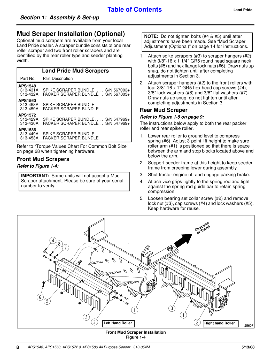 Land Pride APS1586 manual Mud Scraper Installation Optional, Land Pride Mud Scrapers, Front Mud Scrapers, Rear Mud Scraper 