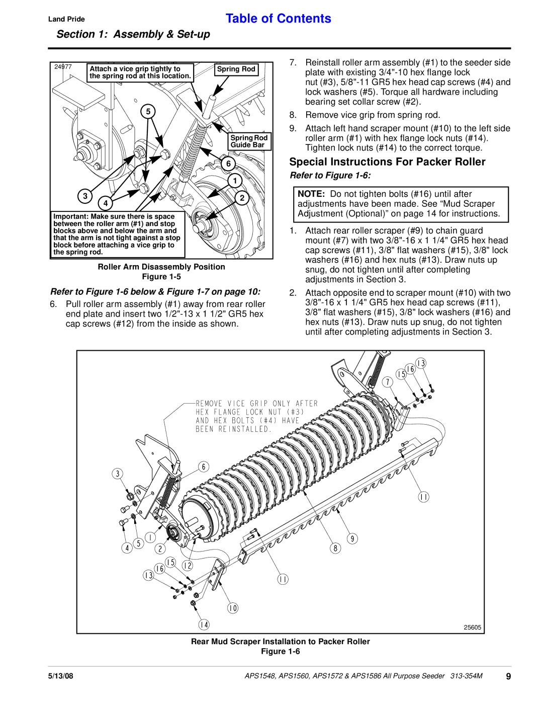 Land Pride APS1548, APS1560, APS1572, APS1586 manual Special Instructions For Packer Roller, Roller Arm Disassembly Position 