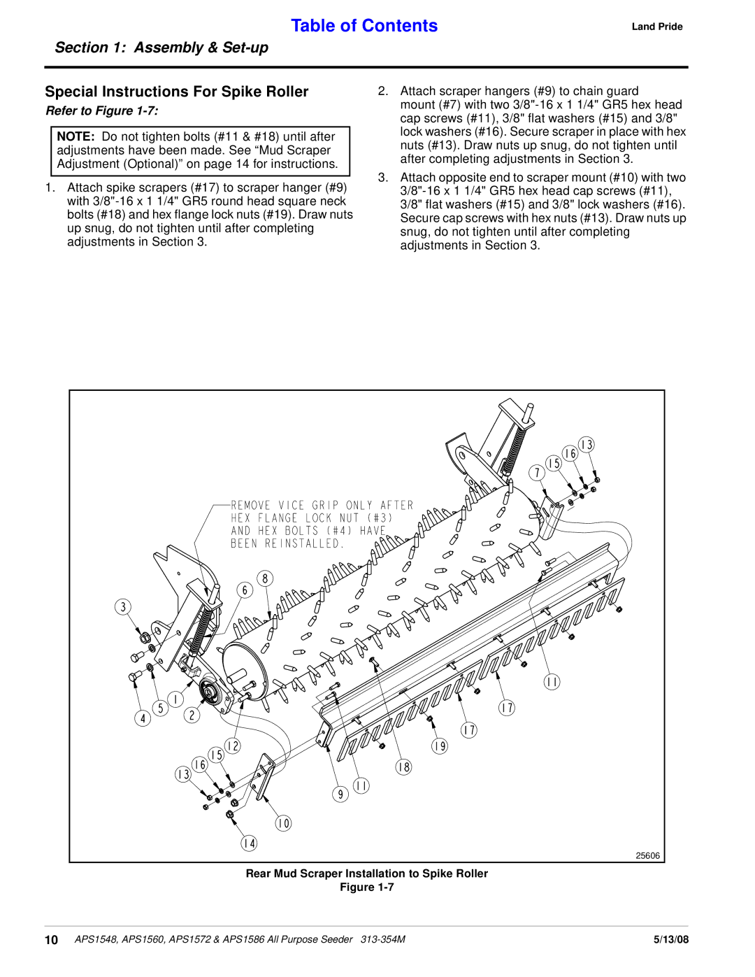 Land Pride APS1560, APS1572, APS1586 Special Instructions For Spike Roller, Rear Mud Scraper Installation to Spike Roller 