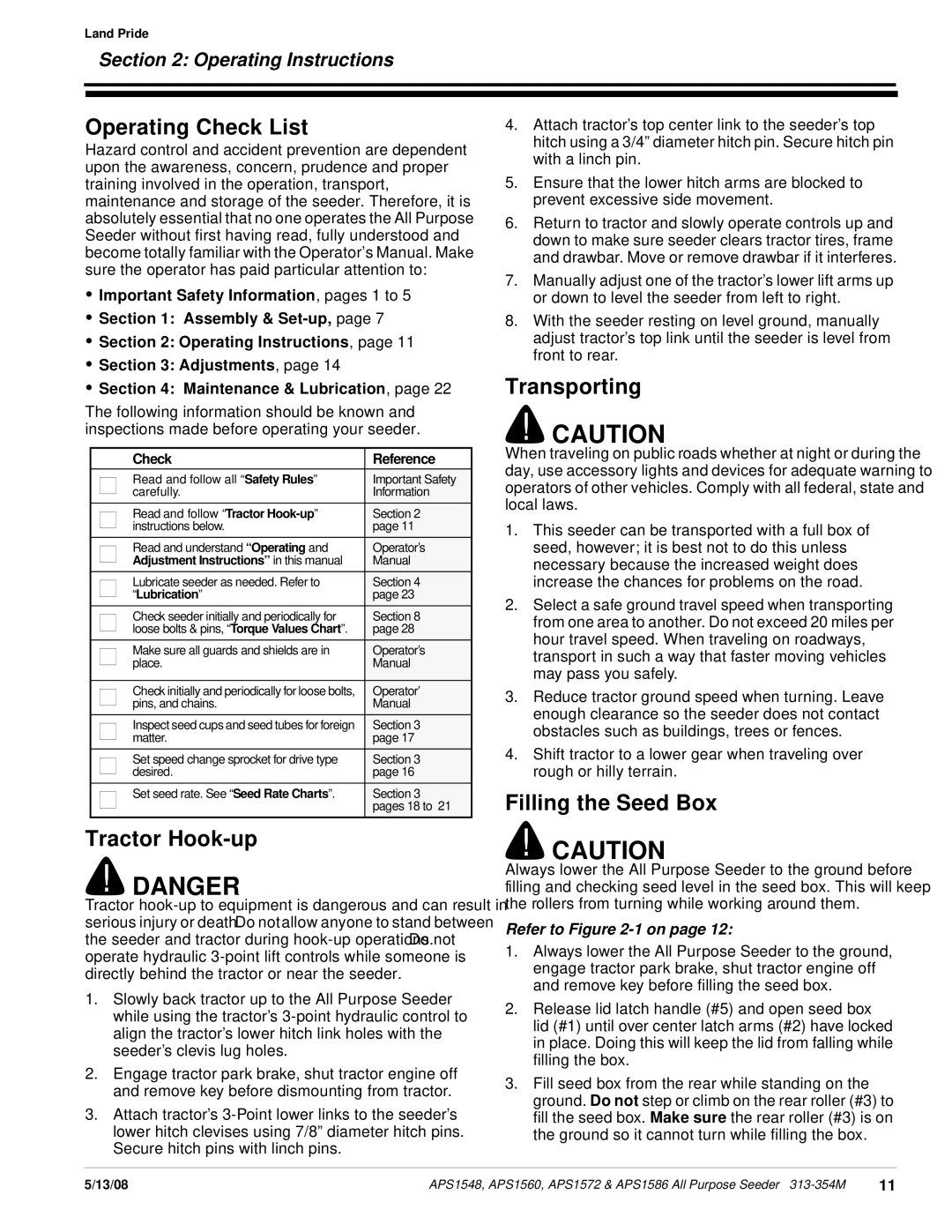 Land Pride APS1572 manual Operating Check List, Transporting, Tractor Hook-up, Filling the Seed Box, Operating Instructions 