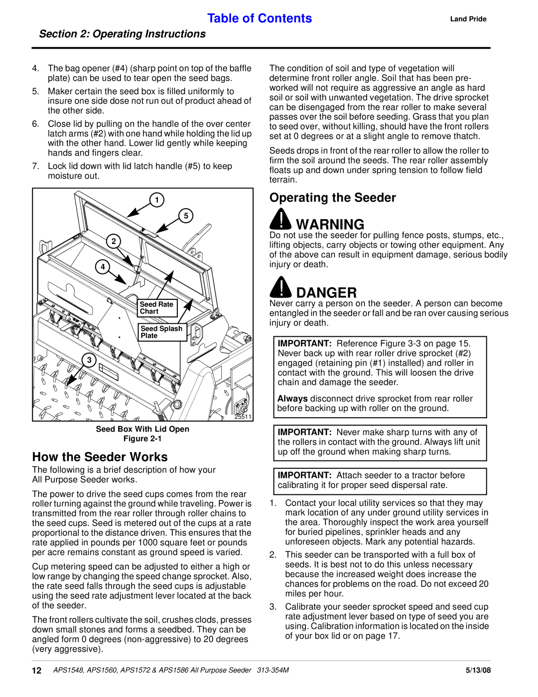 Land Pride APS1586, APS1560, APS1572, APS1548 manual How the Seeder Works, Operating the Seeder, Seed Box With Lid Open 