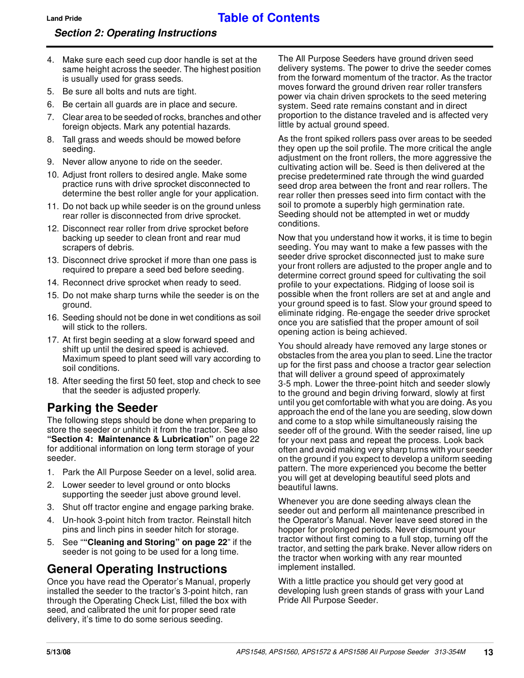 Land Pride APS1548, APS1560, APS1572, APS1586 manual Parking the Seeder, General Operating Instructions 