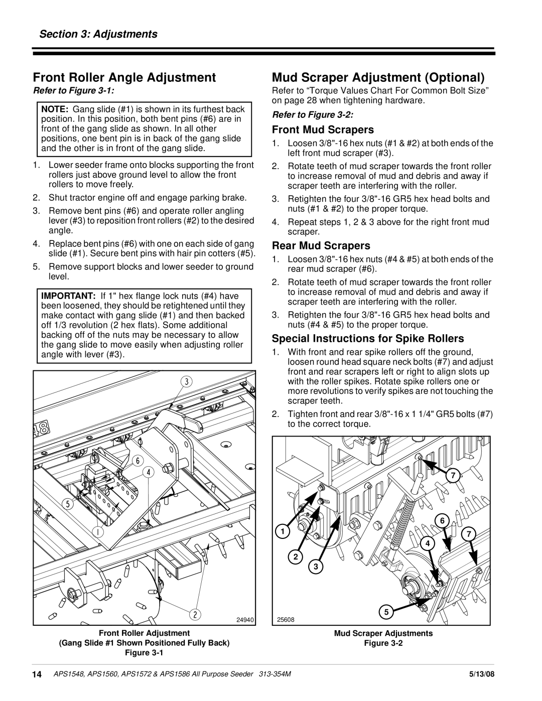 Land Pride APS1560, APS1572 Front Roller Angle Adjustment, Mud Scraper Adjustment Optional, Adjustments, Rear Mud Scrapers 