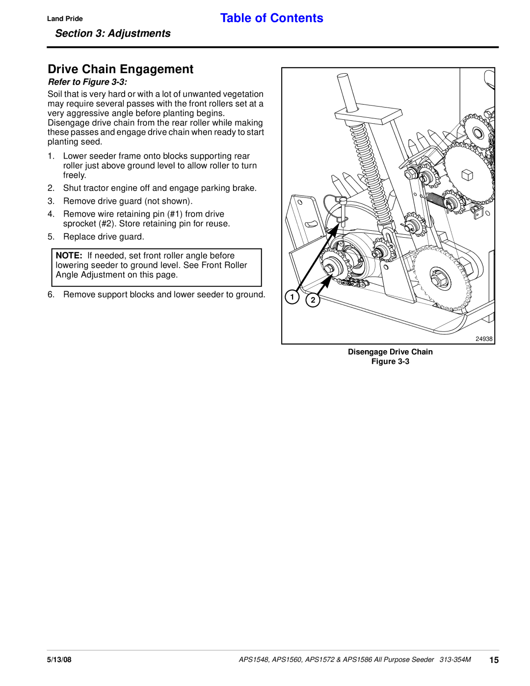 Land Pride APS1572, APS1560, APS1586, APS1548 manual Drive Chain Engagement, Disengage Drive Chain 