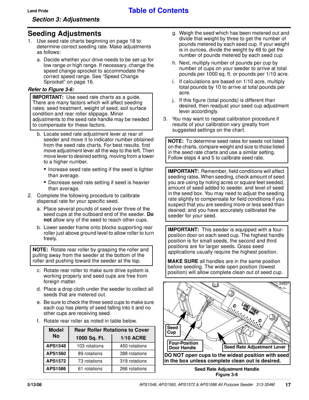 Land Pride APS1548, APS1560, APS1572, APS1586 Seeding Adjustments, Model Rear Roller Rotations to Cover 1000 Sq. Ft Acre 