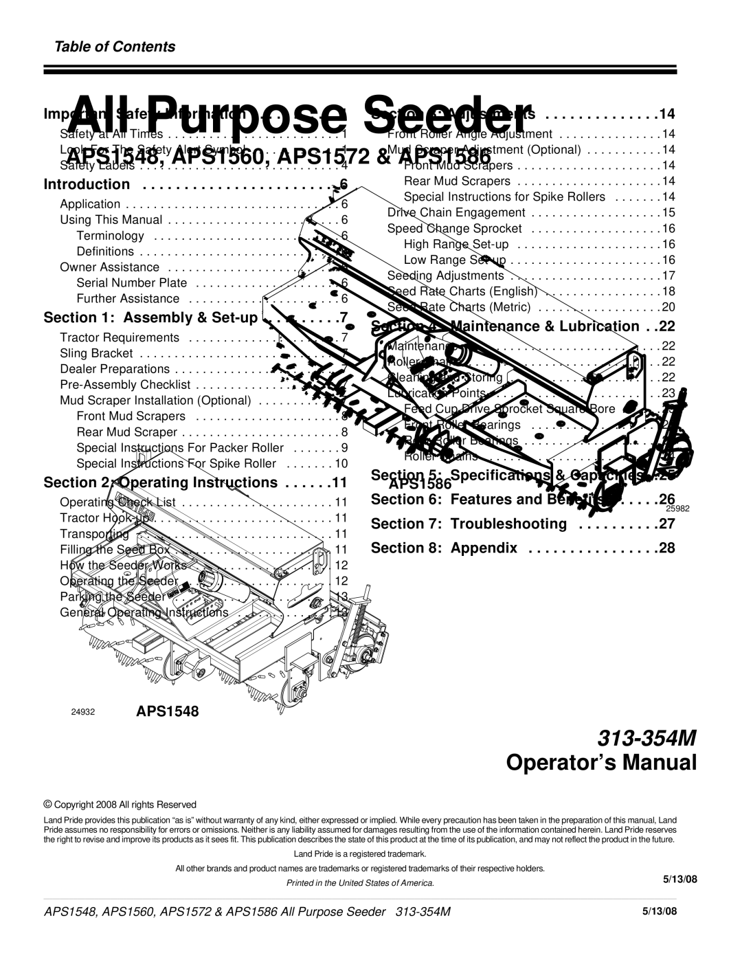 Land Pride APS1586, APS1560, APS1572, APS1548 manual Table of Contents 