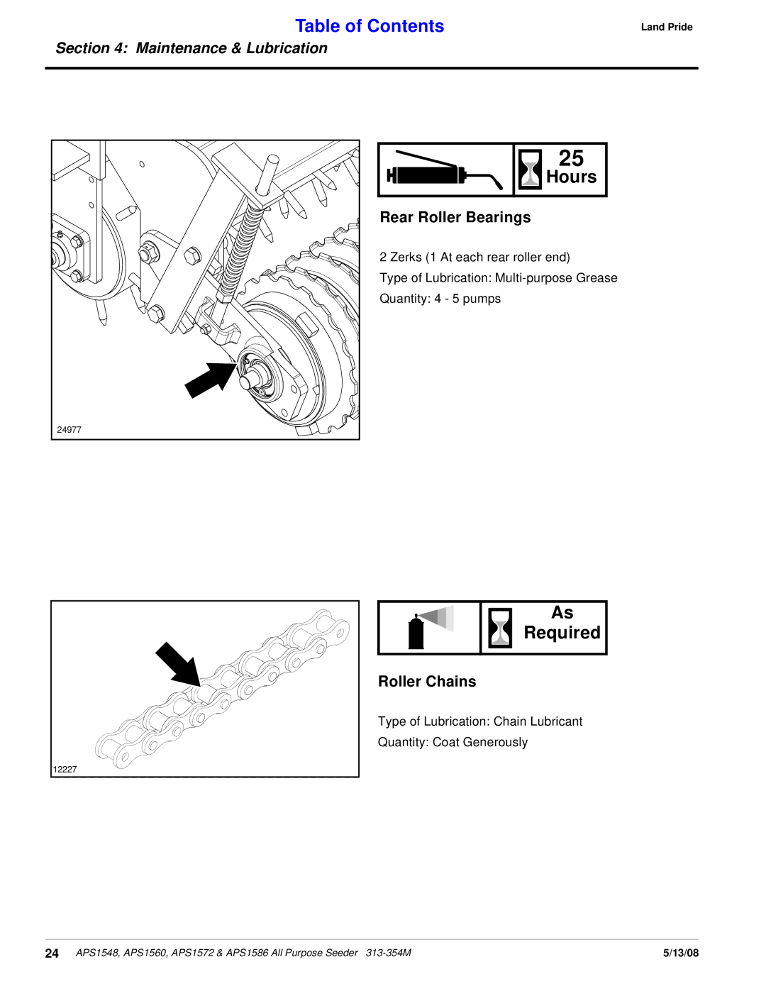 Land Pride APS1586, APS1560, APS1572, APS1548 manual Required, Rear Roller Bearings, Roller Chains 