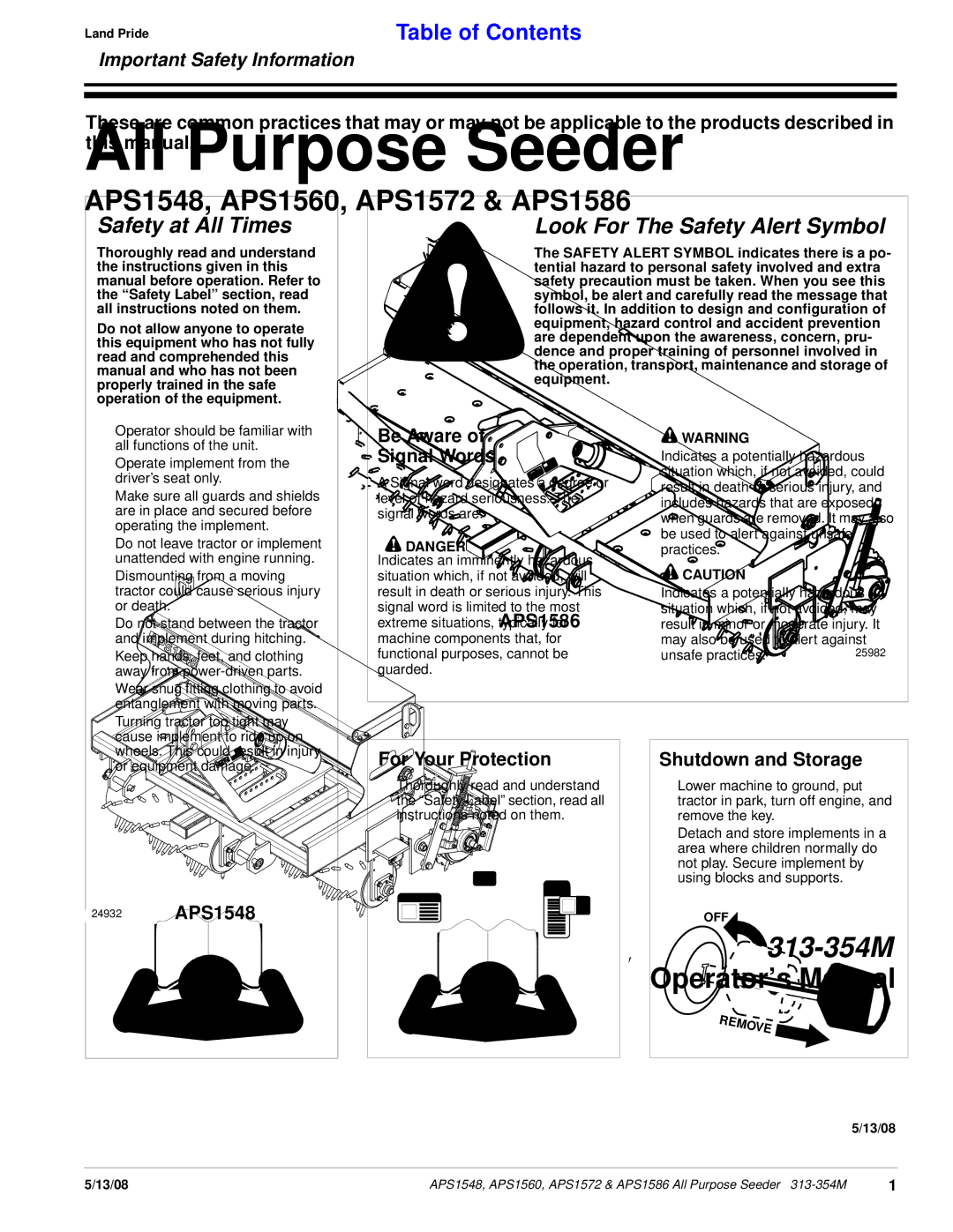 Land Pride APS1548, APS1560, APS1572, APS1586 manual Safety at All Times 