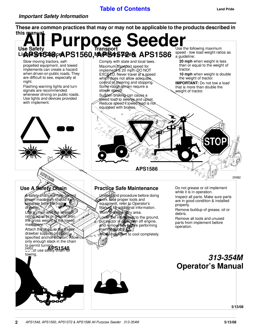 Land Pride APS1560, APS1572, APS1586, APS1548 manual Transport Machinery Safely, Use a Safety Chain, Practice Safe Maintenance 