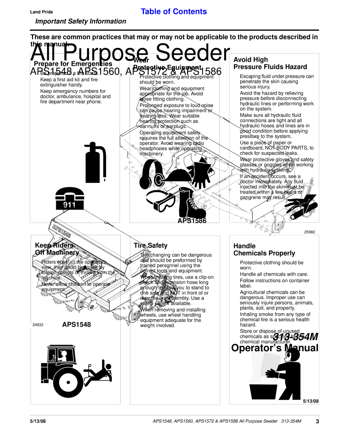 Land Pride APS1572 Wear Protective Equipment, Avoid High Pressure Fluids Hazard, Keep Riders Off Machinery, Tire Safety 