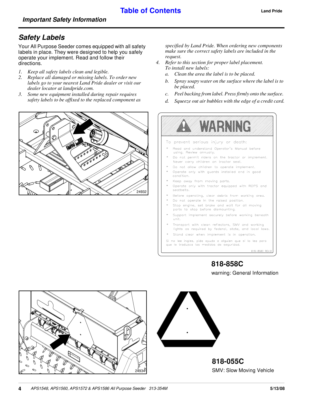 Land Pride APS1586, APS1560, APS1572, APS1548 manual Safety Labels 