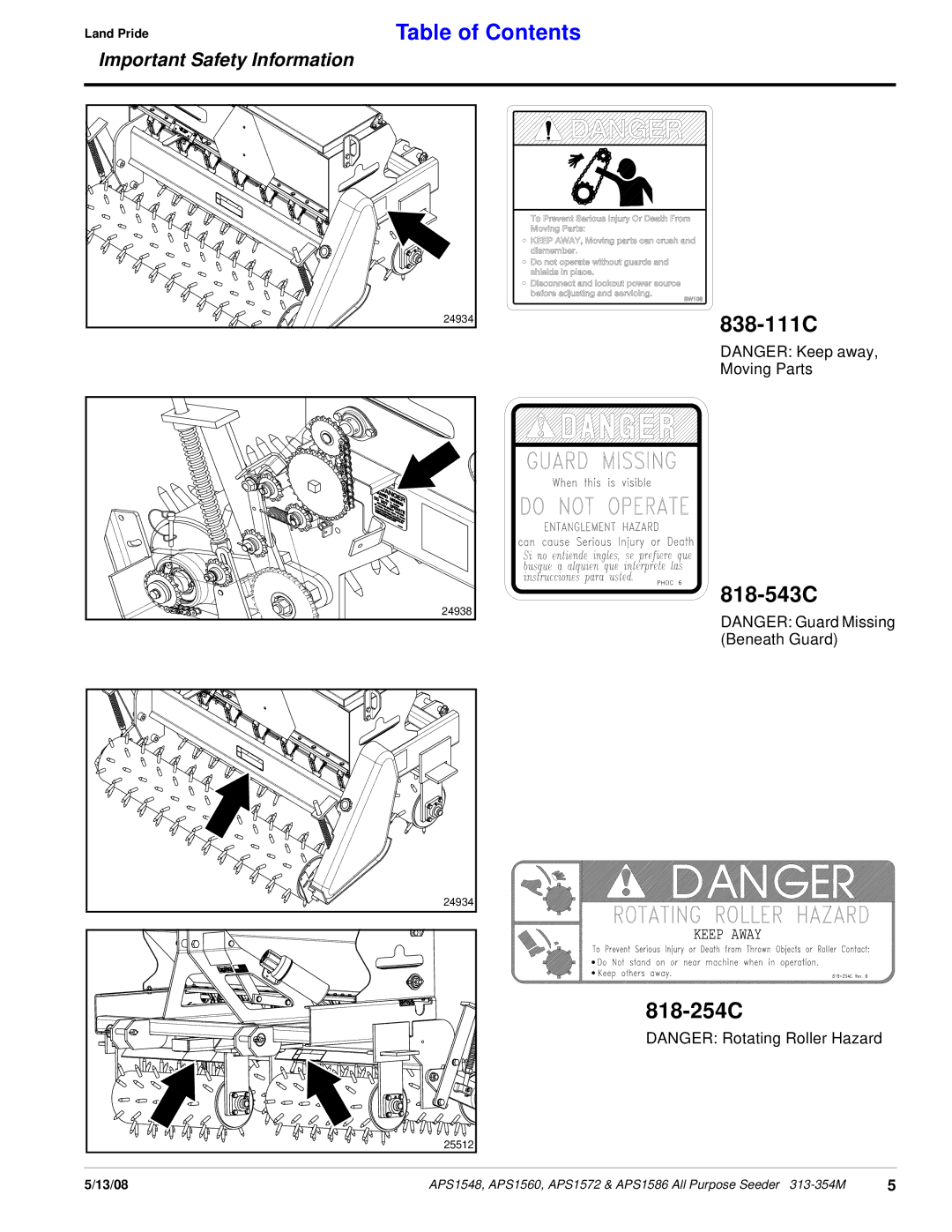 Land Pride APS1548, APS1560, APS1572, APS1586 manual 838-111C 818-543C, 818-254C 