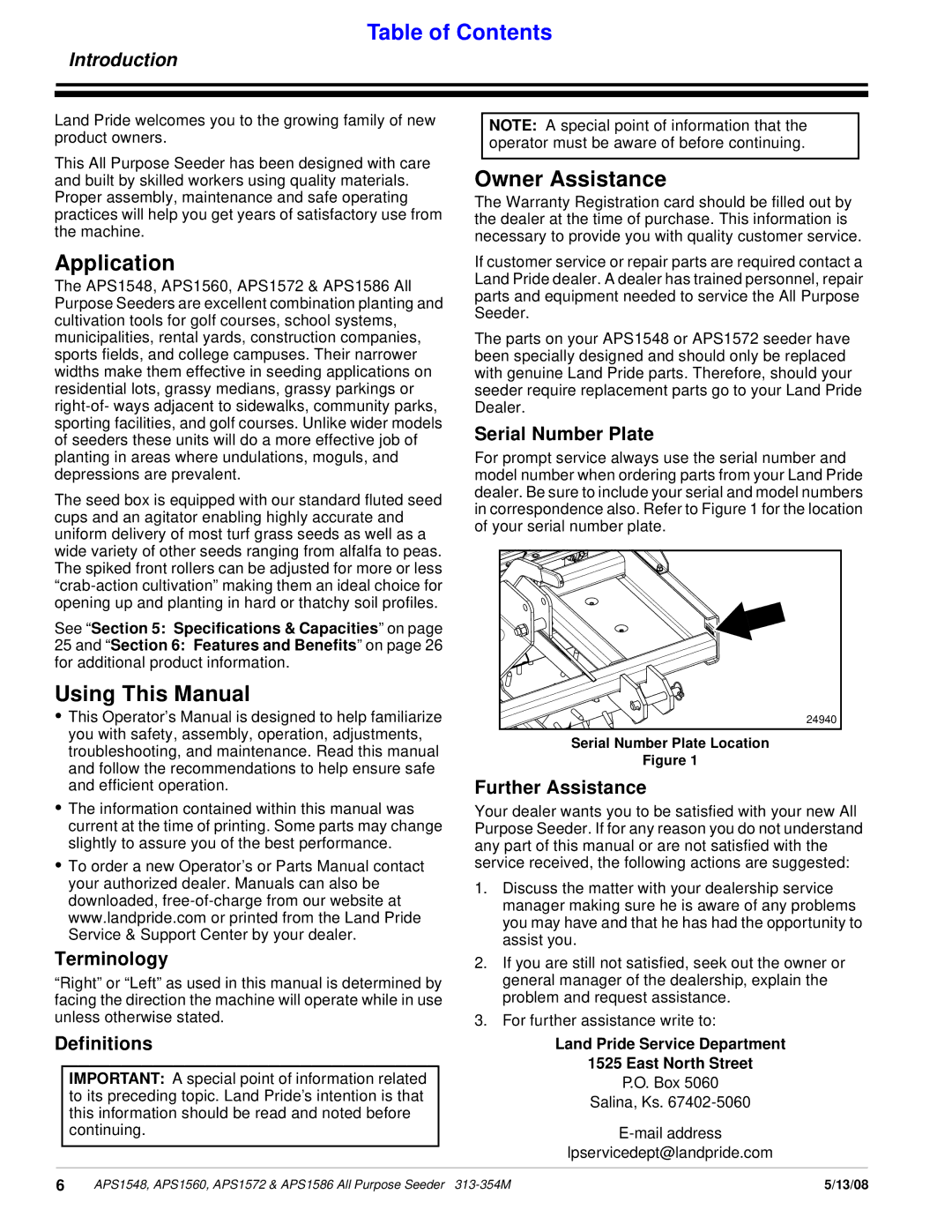 Land Pride APS1560, APS1572, APS1586, APS1548 manual Application, Using This Manual, Owner Assistance, Introduction 