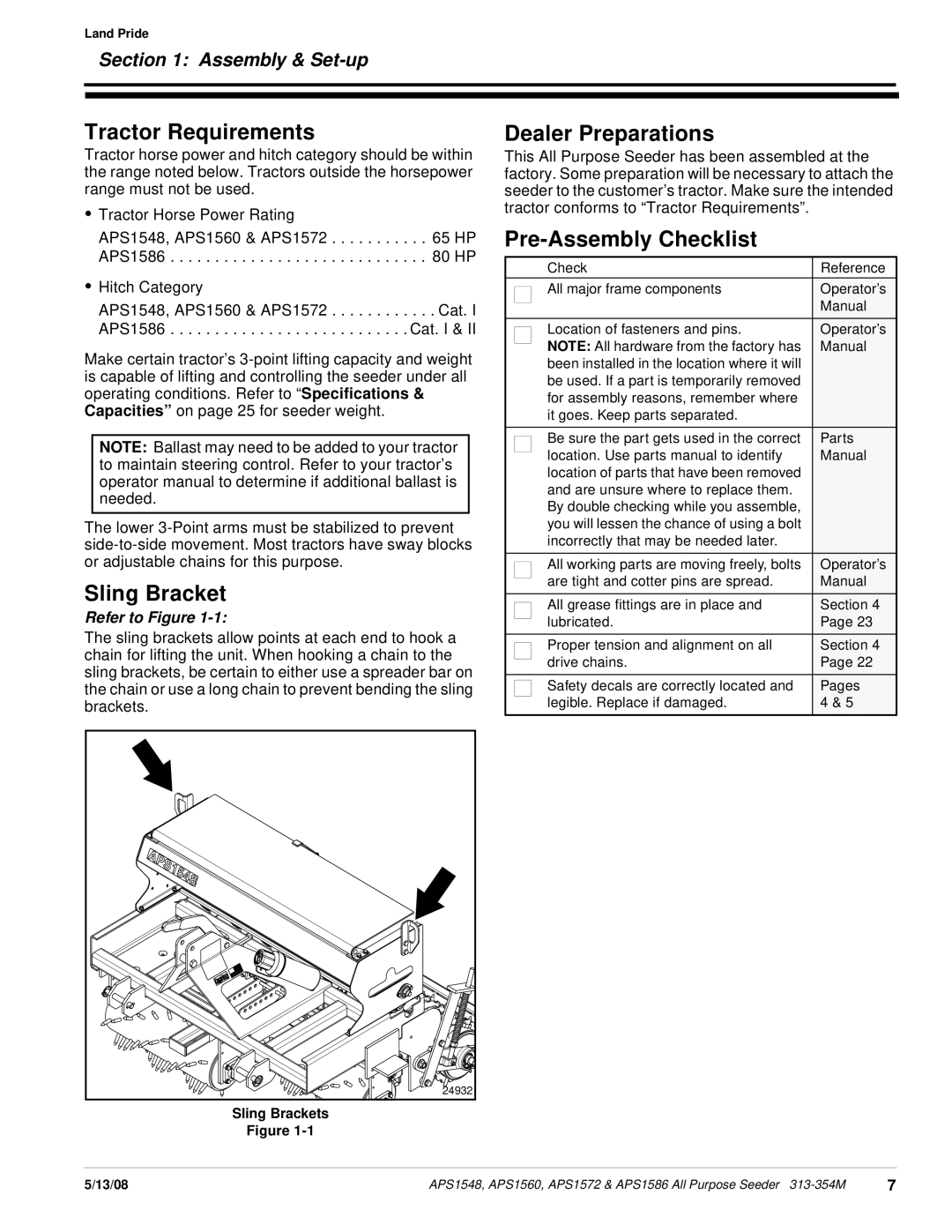 Land Pride APS1572 Tractor Requirements, Sling Bracket, Dealer Preparations, Pre-Assembly Checklist, Assembly & Set-up 