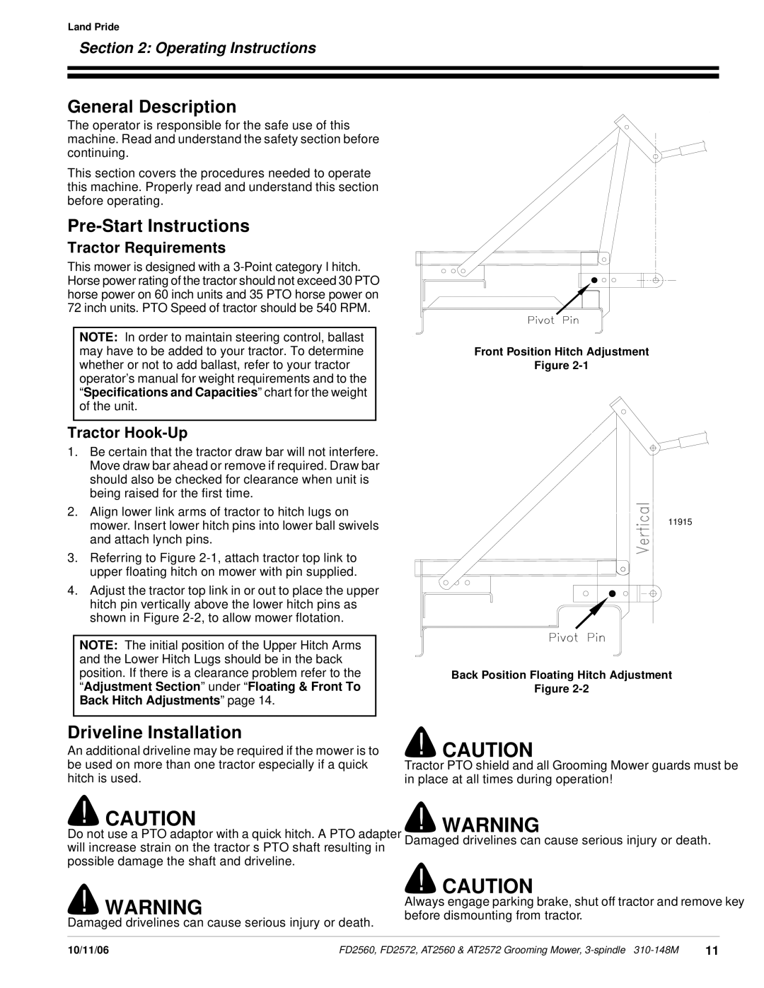 Land Pride AT2572, at 2560 Pre-Start Instructions, Driveline Installation, Operating Instructions, Tractor Requirements 