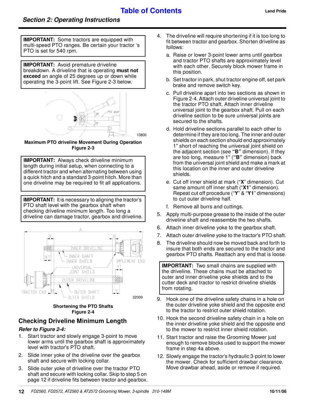 Land Pride FD2560, at 2560, AT2572, FD2572 manual Checking Driveline Minimum Length 