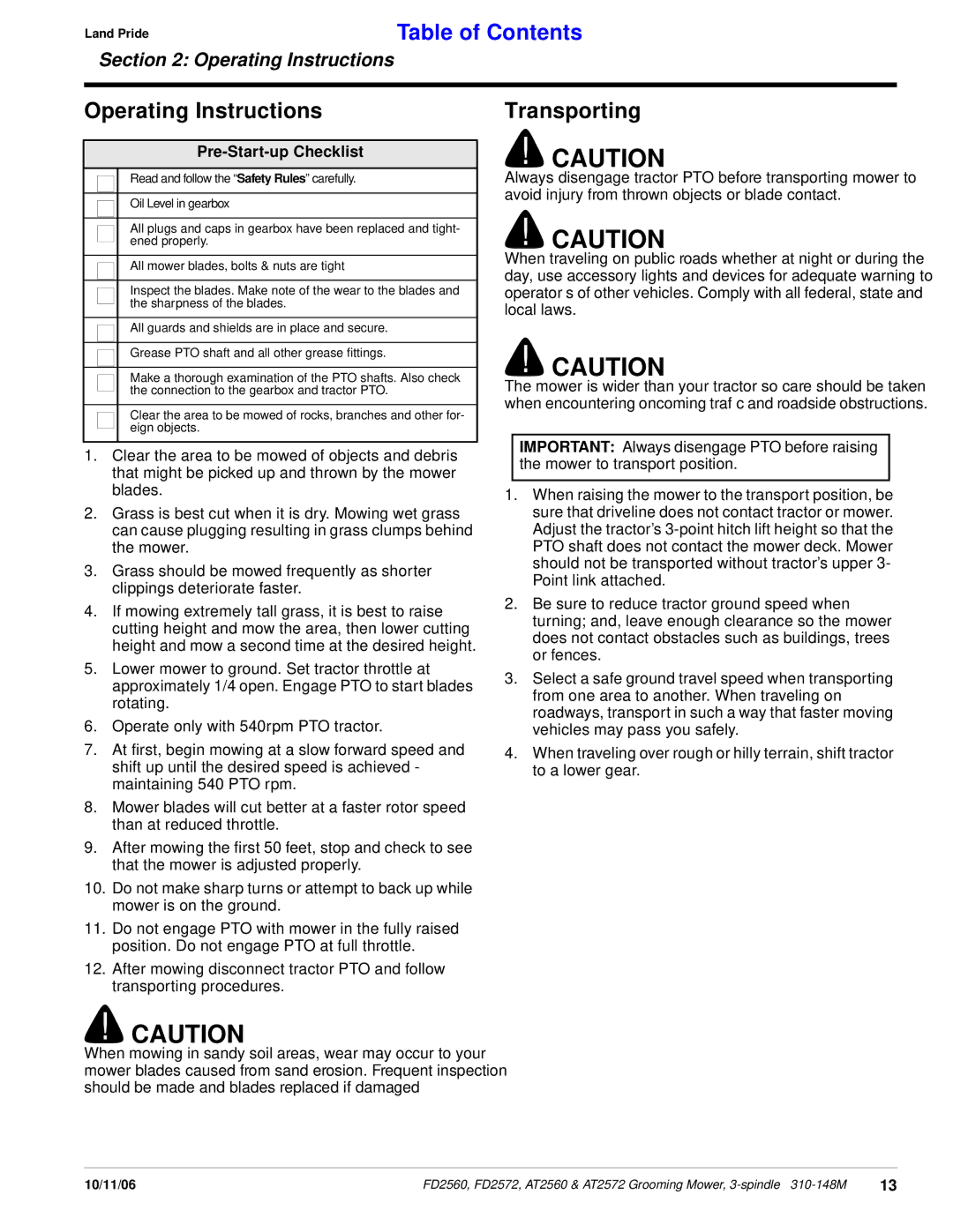 Land Pride FD2572, at 2560, AT2572, FD2560 manual Operating Instructions, Transporting, Pre-Start-up Checklist 