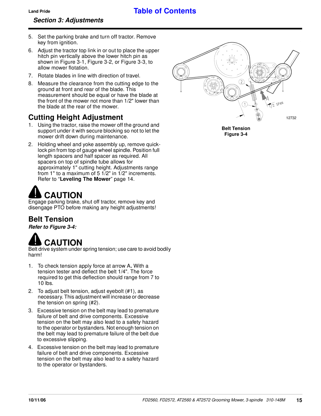 Land Pride AT2572, at 2560, FD2560, FD2572 manual Cutting Height Adjustment, Belt Tension 