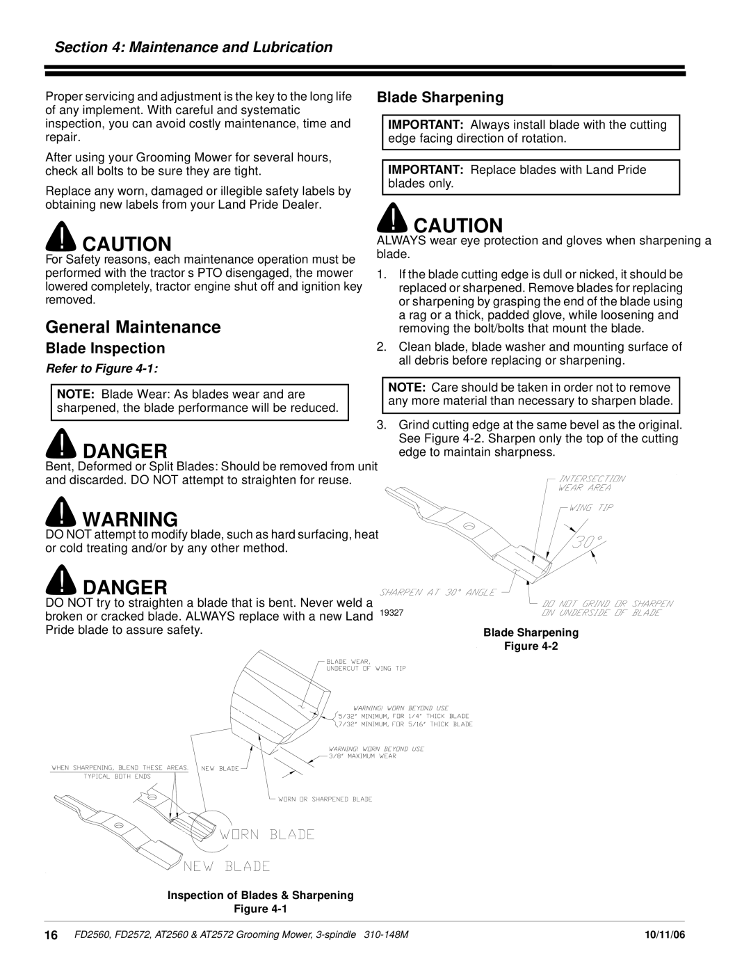 Land Pride FD2560, at 2560, AT2572 General Maintenance, Maintenance and Lubrication, Blade Inspection, Blade Sharpening 