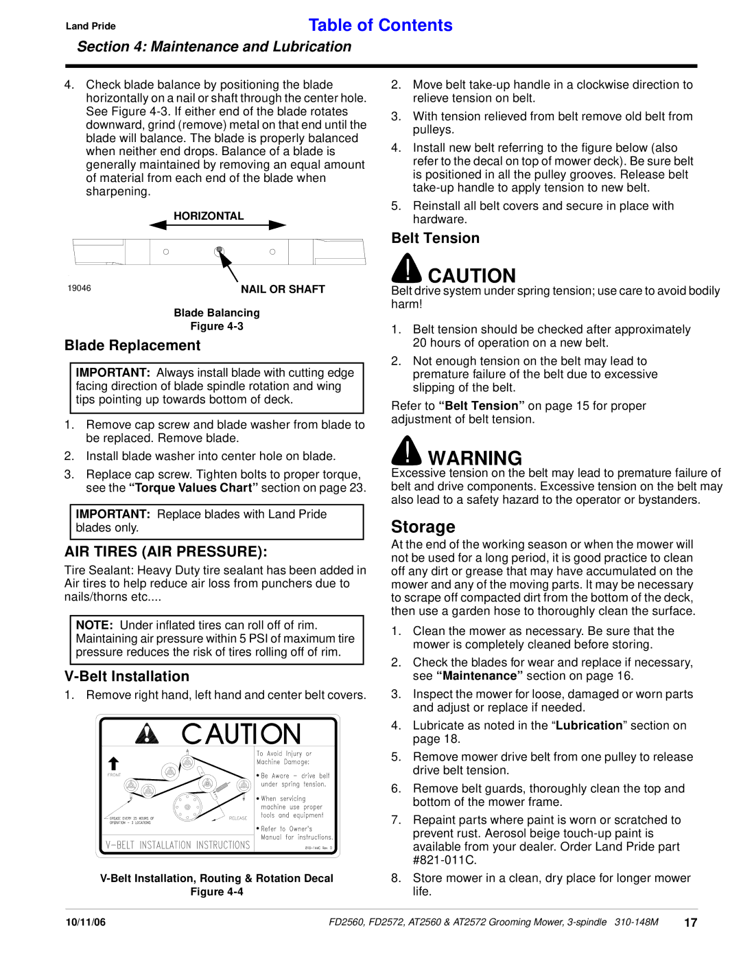 Land Pride FD2572, at 2560, AT2572, FD2560 manual Storage, Blade Replacement, Belt Installation, Belt Tension 