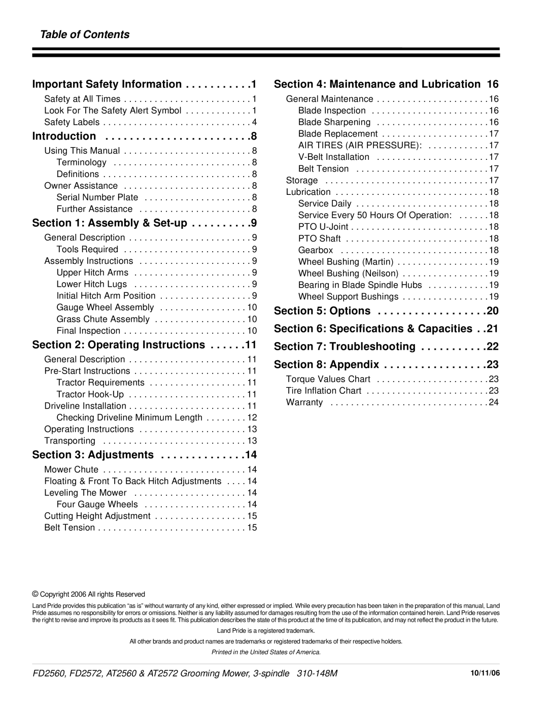 Land Pride FD2560, at 2560, AT2572, FD2572 manual Table of Contents 