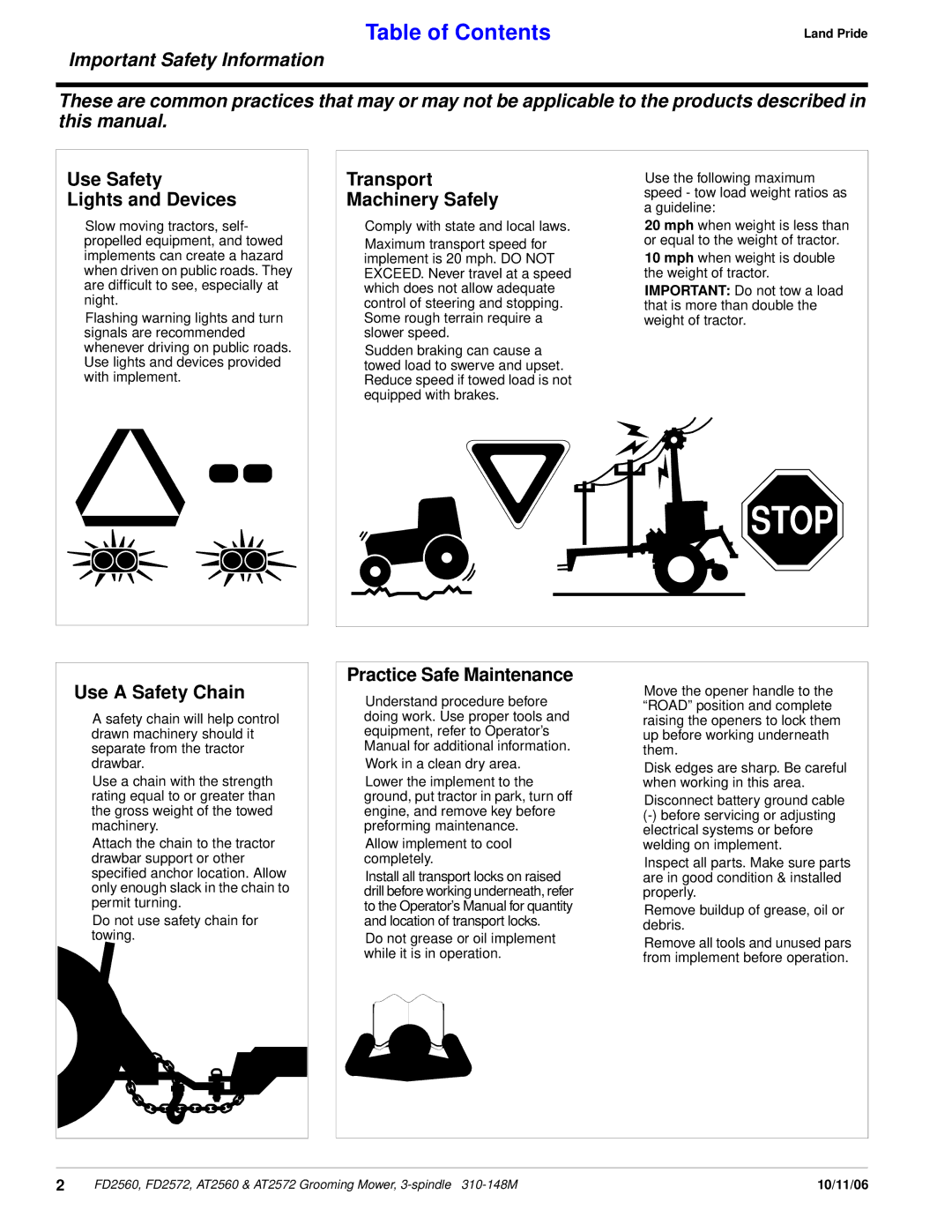 Land Pride at 2560, AT2572, FD2560 Important Safety Information, Use Safety Lights and Devices, Transport Machinery Safely 