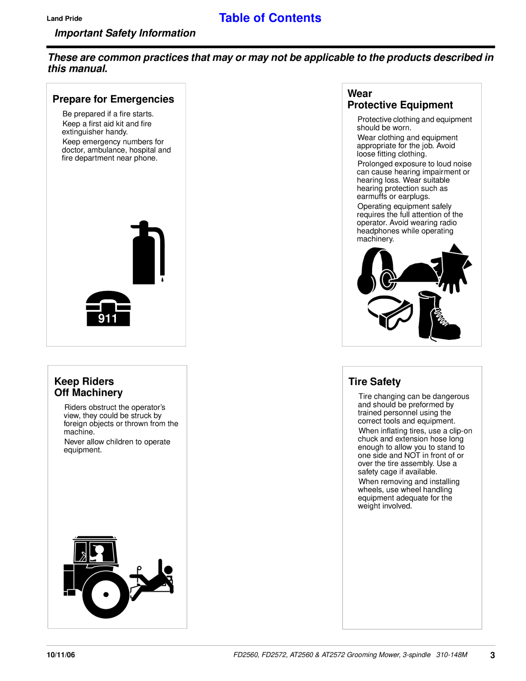 Land Pride AT2572, at 2560 manual Prepare for Emergencies, Wear Protective Equipment, Keep Riders Off Machinery, Tire Safety 