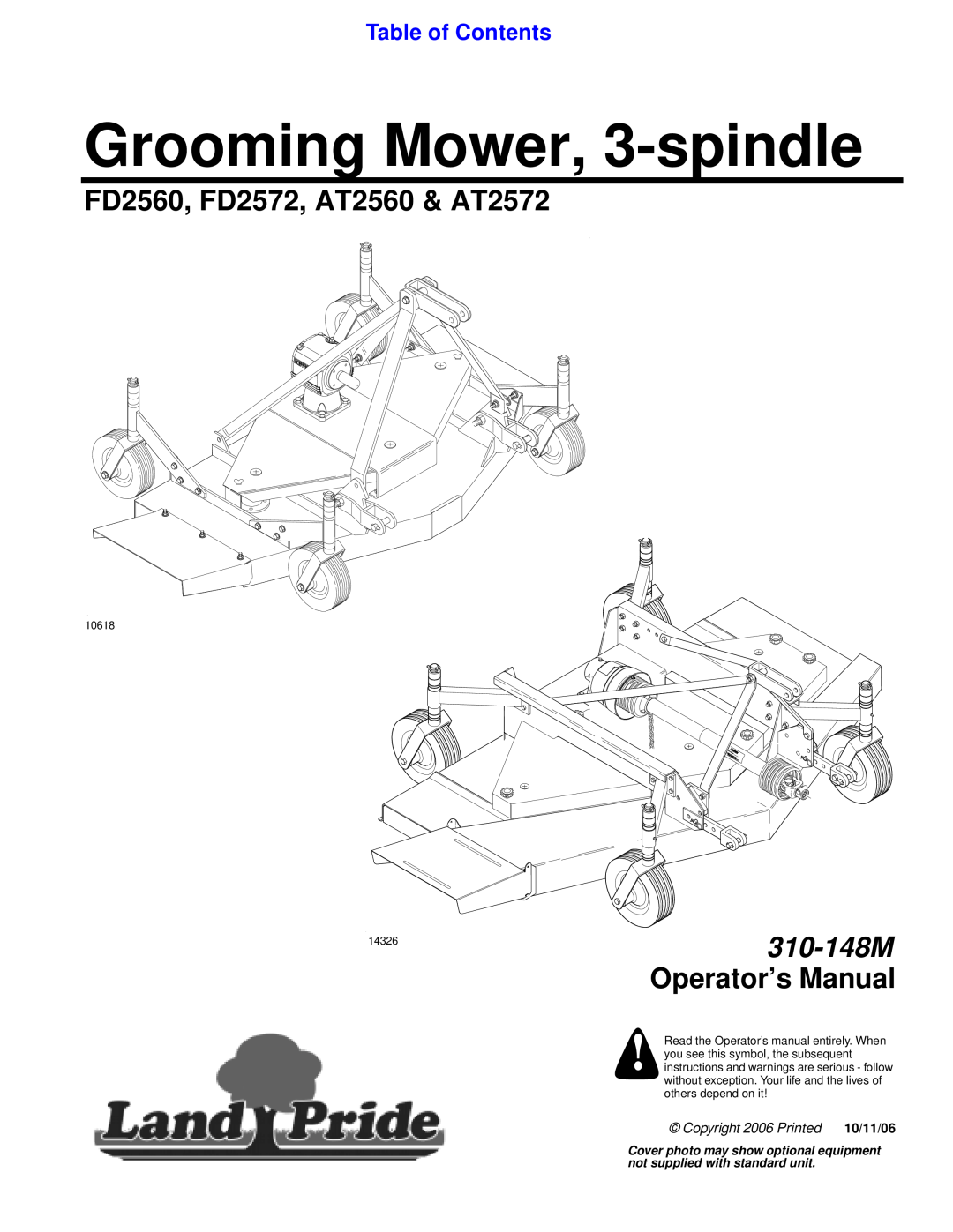 Land Pride manual FD2560, FD2572, AT2560 & AT2572, Operator’s Manual, Table of Contents, Grooming Mower, 3-spindle 