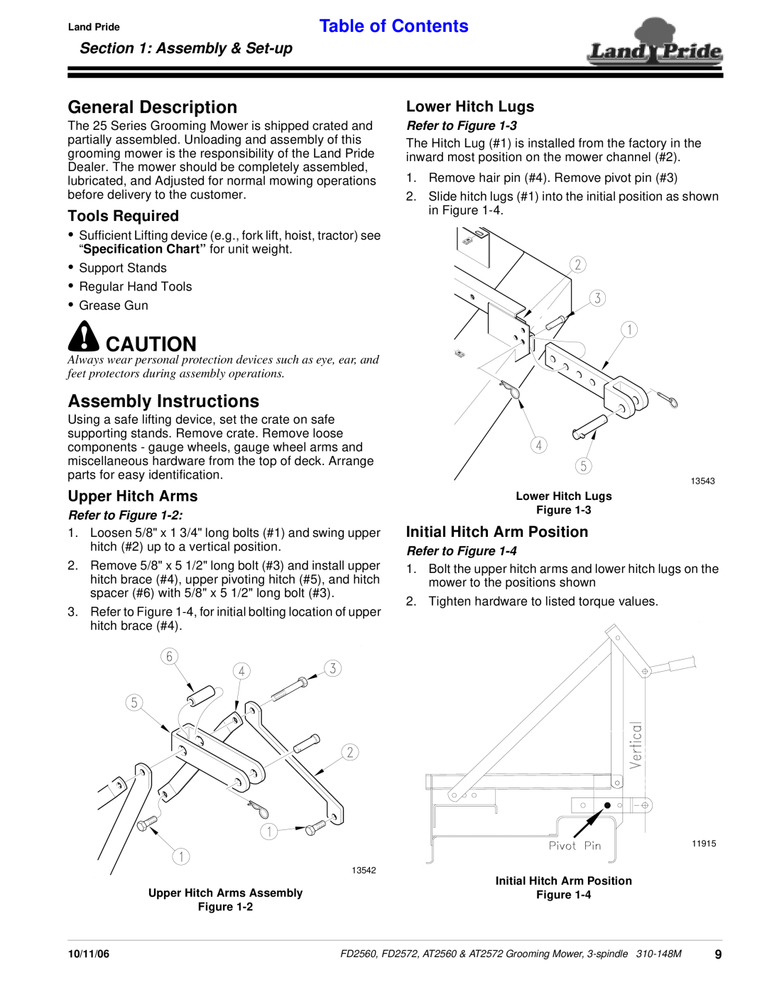 Land Pride FD2572 manual General Description, Assembly Instructions, Assembly & Set-up, Table of Contents, Refer to Figure 