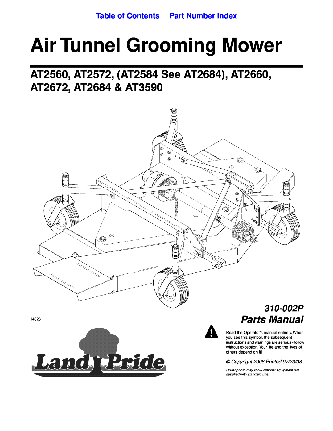Land Pride AT3590 manual Table of Contents Part Number Index, Air Tunnel Grooming Mower, Parts Manual, 310-002P, 14326 