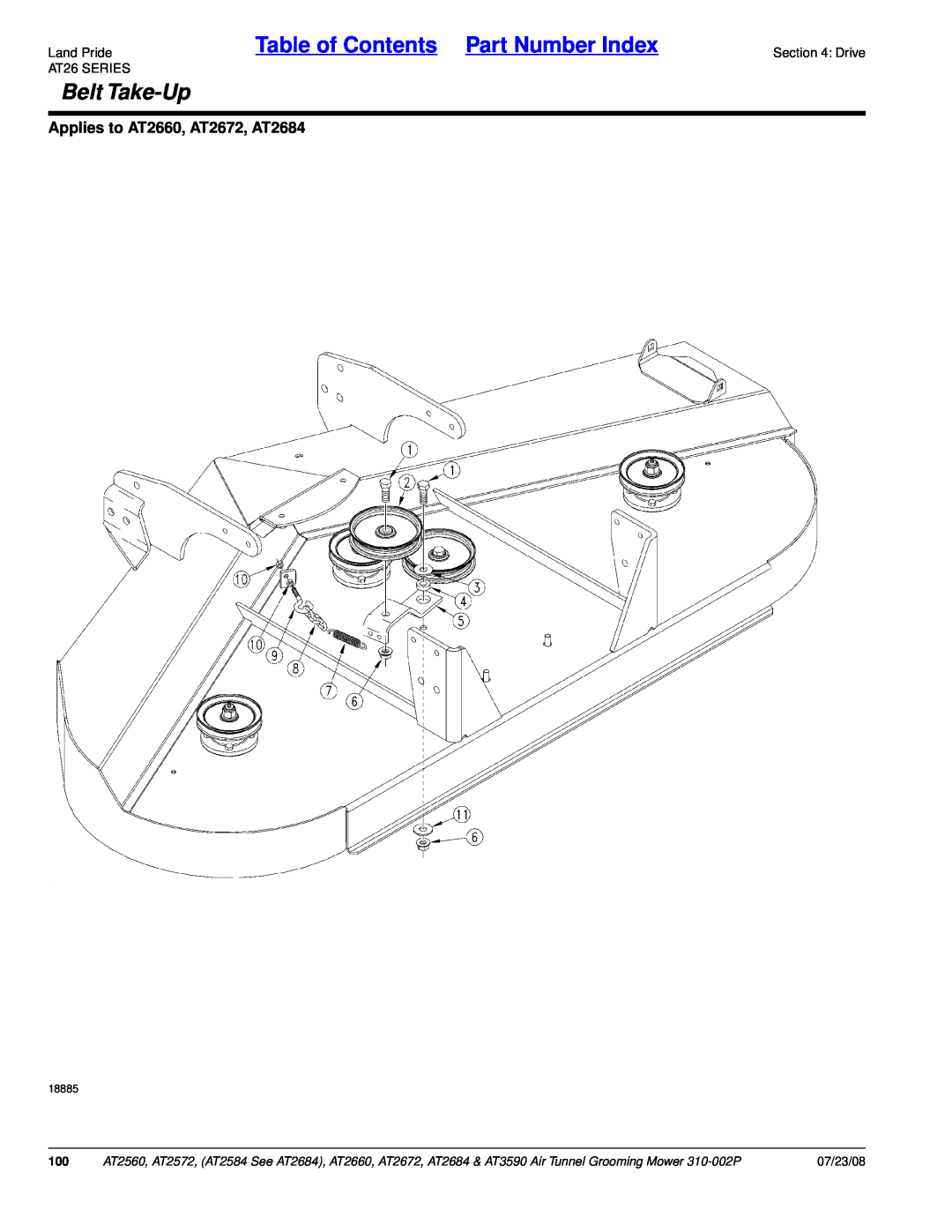 Land Pride manual Table of Contents Part Number Index, Belt Take-Up, Applies to AT2660, AT2672, AT2684, 07/23/08, 18885 